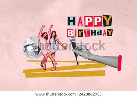 Photo sketch collage picture of smiling funny ladies celebrating birthday karaoke club isolated pink color background