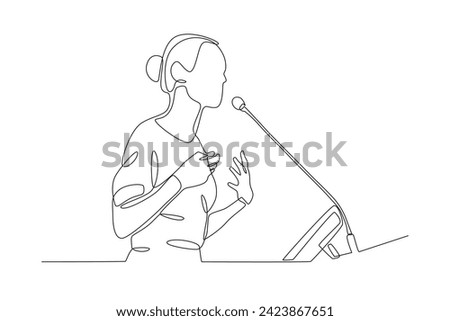 A woman is speaking in public. Business presentasi one-line drawing