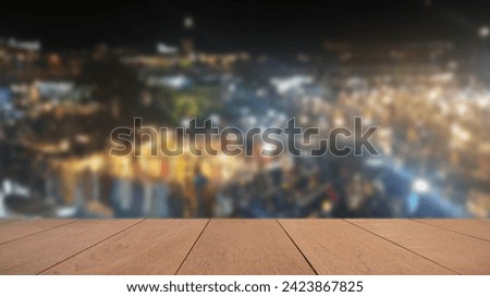 Empty Wood Plate Top Table On Blurred Shopping Mall Background