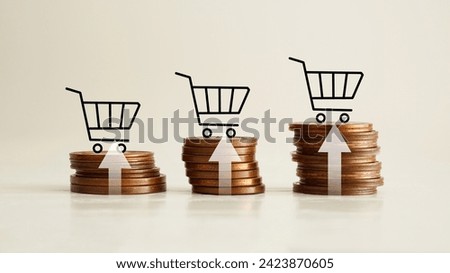 Coins stacked with shopping cart icon with up arrow. Inflation in e-commerce. Business growth concept, inflation, higher food costs and grocery prices
