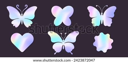 Holographic y2k future metal butterfly badge, stamp, trendy colored sticker set heart and abstract shapes. Silver foil tag collection Royalty-Free Stock Photo #2423872047