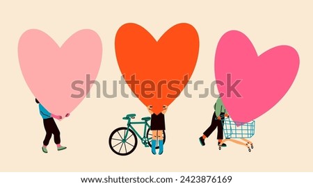 People hold big blank Hearts. Person with bicycle, carrying heart in shopping cart. Cartoon style. Hand drawn Vector illustration. Love, Valentine's day, romance concept. Isolated elements