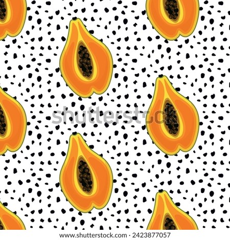Pattern Cut the sweet papaya in half. Tropical fruits create a cute seamless pattern with stains for modern textiles. 60s 70s style.