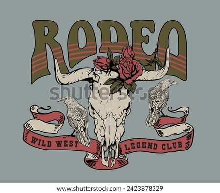 rodeo western vintage design, cow skull with rose vector art, retro cowboy desert design, vintage t shirt design 