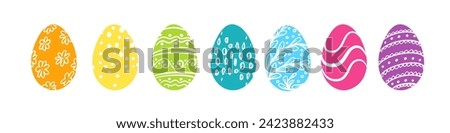 Easter painted eggs set. Symbol of Easter holiday. Vector bright rainbow colors eggs with pattern. Restaurant, cafe menu, holiday decoration, poster, greeting card, 
sticker, easter holiday egg hunt.