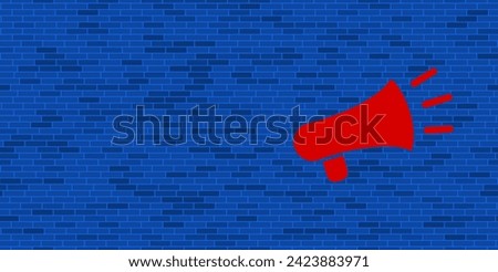 Blue Brick Wall with large red megaphone symbol. The symbol is located on the right, on the left there is empty space for your content. Vector illustration on blue background