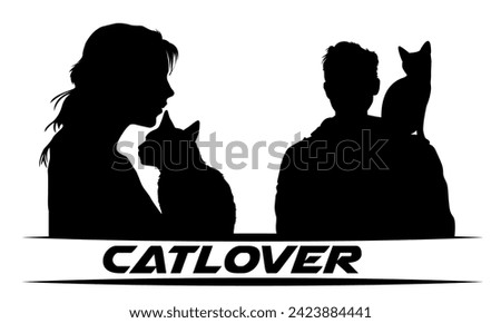 Man and Cat vector silhouette, girl hugging cat, cat sits on boy neck Royalty-Free Stock Photo #2423884441