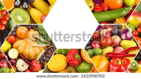 Photo collage of different vegetables and fruits, located in a mosaic. Free space for text. Wide photo.