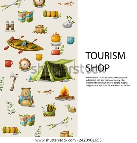 

Promotional leaflet tourism camping items. Freehand drawing. Isolate on a white background. Vector