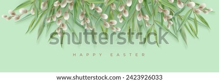 Horizontal green border - illustration with photorealistic willow leaves and branches on a green backdrop for Easter banner, greeting card Royalty-Free Stock Photo #2423926033