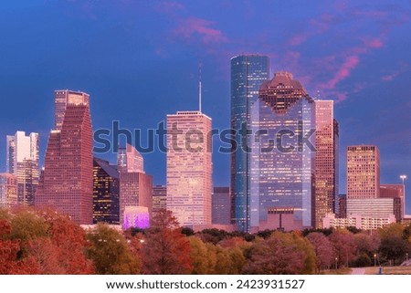 Houston Downtown skyline at pink sunset in Houston, Texas, USA.