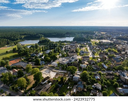 Aerial panoramic view of Lithuanian resort Druskininkai. Druskininkai in autumn colours, drone picture of multi coloured trees in most beautiful city of Druskininkai in Lithuania Royalty-Free Stock Photo #2423932775
