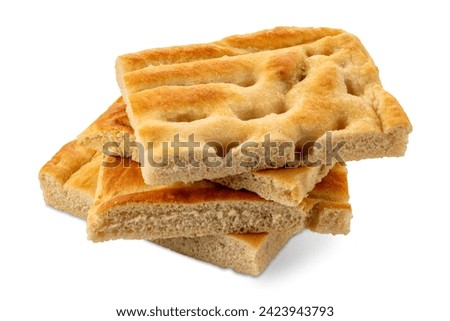 Baked Genoese focaccia, flat bread slices stacked isolated on white with clipping path included Royalty-Free Stock Photo #2423943793