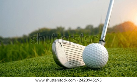 Golf club and ball in green grass. Golf balls on the golf course with golf clubs ready for first short. In the morning, with the beautiful sunlight.                                