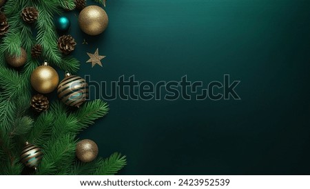 Copy-space for text. The concept of Christmas and New Year holidays. Christmas and New Year decoration green background, with glass balls. Holidays background.