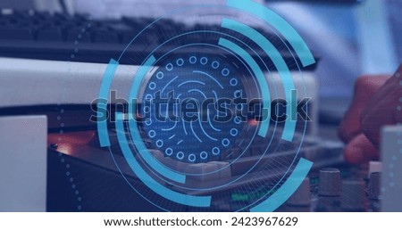Image of fingerprints in circles over hands of caucasian man typing on laptop. Network, data security and digital safety concept digitally generated image.