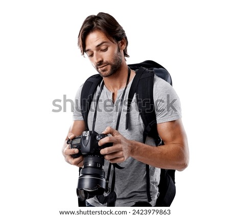 Man, camera and photography with technology in studio, press or media on white background. Photographer, photo journalist check work and creativity with paparazzi, equipment and backpack in studio