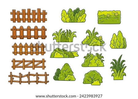 Set of bush and fence hand-drawn vector illustration