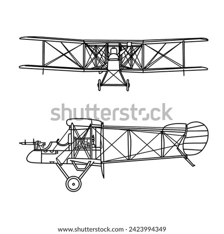 Template vector drawing of 1900's vintage aircraft line art, Biplane monochrome silhouette with white detail lines, outline vector doodle illustration, front and side view isolated on white background