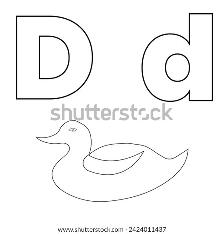 Letter D for Duck, Vector illustration of kids alphabet coloring book page with outlined clip art for color children book.