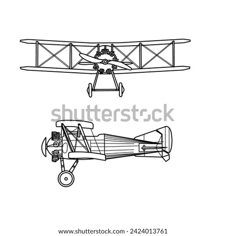 Template vector hand drawing of 1900's vintage aircraft line art, Biplane silhouette with white detail lines, outline vector doodle illustration, front and side view isolated on white background