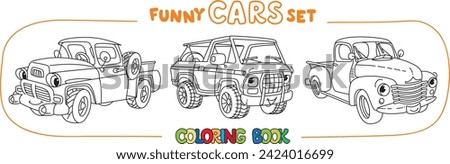 Funny old retro pickup truck cars. Small funny vector cute vehicles with eyes and mouth. Children vector illustration. Coloring book set for kids