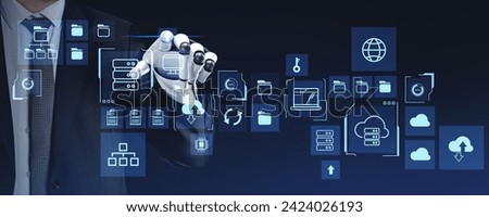 Robot hand finger touch virtual screen with big data exchange hologram, digital folders with files, cloud storage and transfer. Concept of machine learning, database and traffic