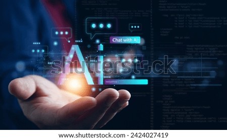 Ai technology, businessman show virtual graphic Global Internet connect Chat with AI,Artificial Intelligence.Chat bot,using command prompt for generates something,Futuristic technology transformation.