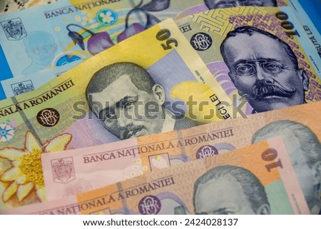RON Romanian money,polymer banknotes ,close up,selective focus Royalty-Free Stock Photo #2424028137