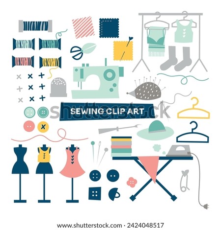 Sewing Elements Vector Design. Sewing clip art on white background. Set of Tailor and Sewing Tools Cute Sticker Illustration