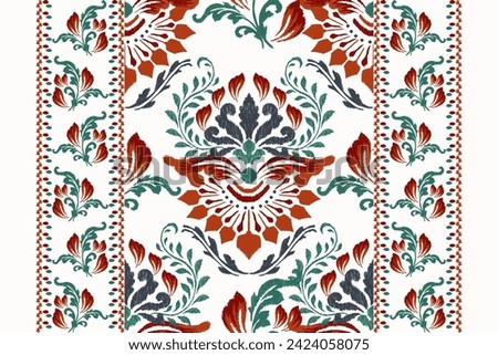Carpet embroidery,Ikat floral pattern traditional on white background vector illustration.Aztec style,baroque,hand drawn,abstract.design for texture,fabric,clothing,wrapping,decoration,carpet,kilim. Royalty-Free Stock Photo #2424058075