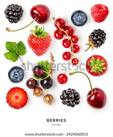 Fresh berries isolated on white background. Healthy food concept. Strawberry, raspberry, blackberry, blueberry, leaves and currant pattern. Creative layout. Top view, flat lay. Design element 
 Royalty-Free Stock Photo #2424060815