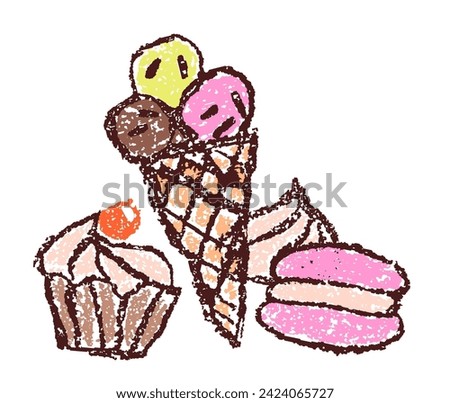 Doodle hand drawn sweet food set. Crayon, pencil or pastel chalk like kid`s style dessert, cocktail, macaron, cake, muffin, ice cream. Vector funny cartoon flat simple art cafe tasty menu