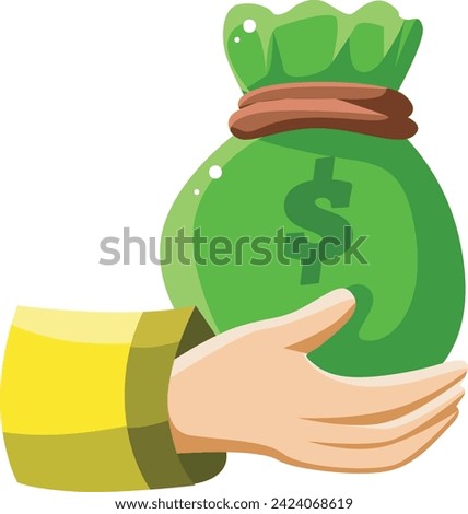 Icon of Ramadan Kareem, Eidul Fitr for Moslem celebrate. Money bag cartoon clip art. Hand with money bag. Hand holding money bag for donation. Giving gift for someone. Bank and money investment.