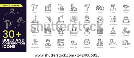 Build and construction stroke icon set. Containing crane, building, land, excavator, maintenance, contractor, worker, architecture and more. Editable outline icons vector collection. Royalty-Free Stock Photo #2424086815