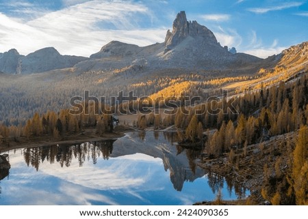 Sunrise at Federa Lake, Dolomites, Italy. Royalty-Free Stock Photo #2424090365