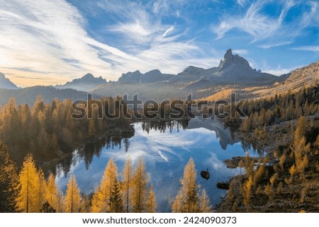 Sunrise at Federa Lake, Dolomites, Italy. Royalty-Free Stock Photo #2424090373