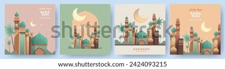 Ramadan Kareem Set of posters, cards, holiday covers. Arabic text translation Ramadan Kareem. Modern beautiful design in pastel colors with mosque, moon crescent, stars in the sky, arches window Royalty-Free Stock Photo #2424093215