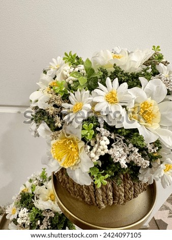 Stock of Natural artificial white poppy flowers white yellow color beautiful Roses floral view love symbols valentines special  bouquet with green leafy background