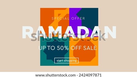 Ramadan Kareem with Geometric Patterns. Modern Background Concept for Advertising, Web, Poster, Social Media, Banner, Cover. 3D Sale 50% Off. Vector Illustration