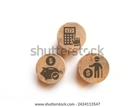 Calculator, piggy bank and pension icons on wooden blocks isolated white background.  Royalty-Free Stock Photo #2424113547