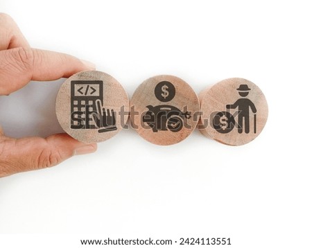 Hand holding at Calculator, piggy bank and pension icons on wooden blocks isolated white background.  Royalty-Free Stock Photo #2424113551