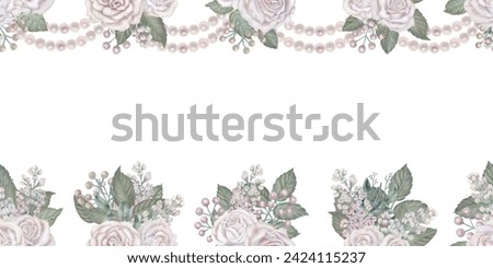 Watercolor floral seamless border of white roses, green leaves, lilac, eucalyptus in a pastel color in vintage style for wedding, Women's Day, Valentine's Day, template, clipart, wallpaper, scrapbook