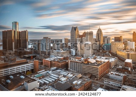 Detroit, Michigan, USA downtown skyline from above at dawn. Royalty-Free Stock Photo #2424124877