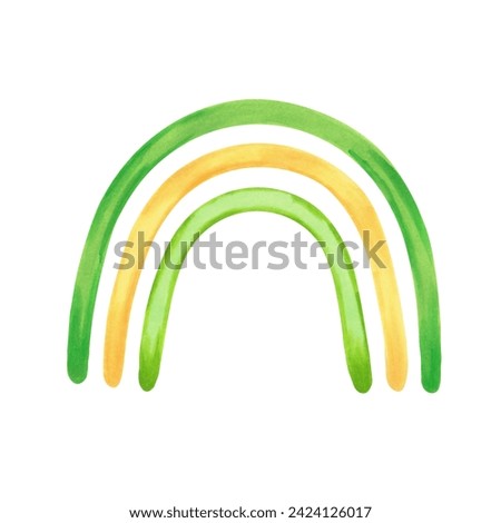 Yellow green rainbow in doodle style.Illustration with watercolors and markers.Hand drawn cute clip art for children's textile, room.Isolated picture for boy or girl.