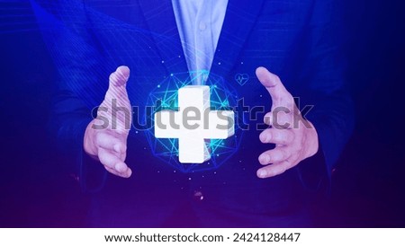 Businessman plus icon for health care medical, icon virtual medical health care with medical network connection, People health care awareness rising growth of medical health and life insurance busines