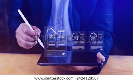 Real estate concept business, home insurance and real estate protection, Buy and sell houses and real estate online on virtual screen, home search, land price, property tax.