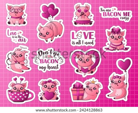 set of printed stickers with cartoon kawaii pigs in love. Cute animals for Valentine's Day.