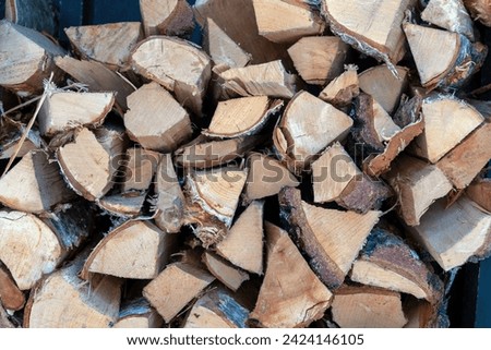 Timber storage background texture. Firewood stock, alternative energy, cheap heating. Tree log stacked, raw trunk pile for fireplace. 