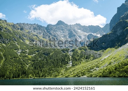 Majestic view of beautiful lush green valley  and colorful grass and lake  against picturesque high mountains. Royalty-Free Stock Photo #2424152161